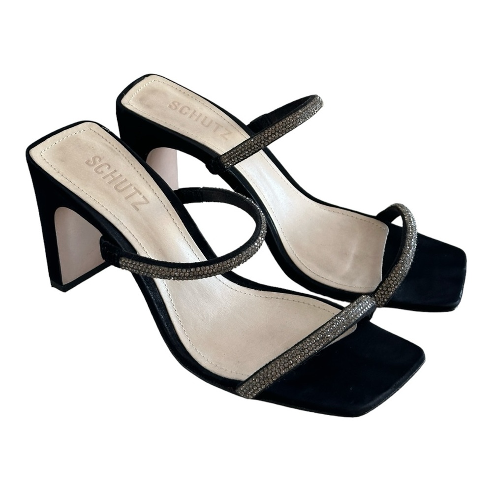 Schutz Womens Black Rhinestone Salwa Square Toe Block Heel Slip On Sandal Size 7 - Picture 3 of 11